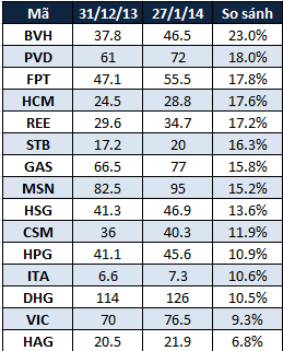 Tháng 1/2014: CID tăng gấp đôi, nhiều bluechips tăng trên 10% (2)
