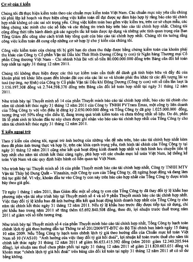 PVT: Kiểm toán lưu ý, ngoại trừ nhiều vấn đề liên quan BCTC năm 2011 (1)