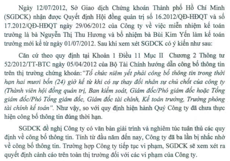 ALP: HOSE nhắc nhở chậm công bố thông tin Quyết Định HĐQT (1)