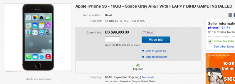 iPhone 5S cài sẵn Flappy Bird được rao bán giá 99.900 USD trên eBay