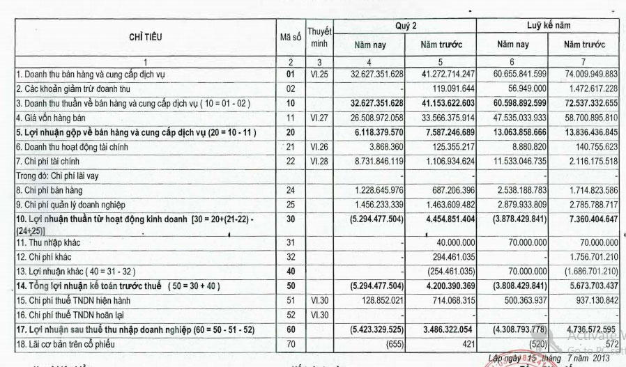 LGC: Quý 2/2013 lỗ 5,42 tỷ đồng (1)