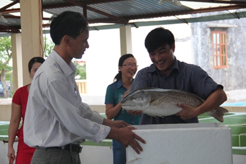 Trương Văn Trị giới thiệu kỹ thuật nuôi cá cho khách. Ảnh: Dân Việt