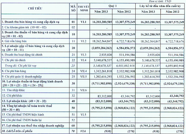 VCV: Quý I/2013 lỗ gần 10 tỷ đồng (1)