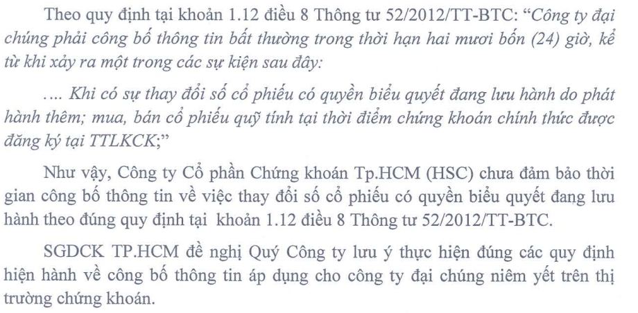 HCM: Bị nhắc nhở CBTT thay đổi số cổ phiếu có quyền biểu quyết đang lưu hành (1)