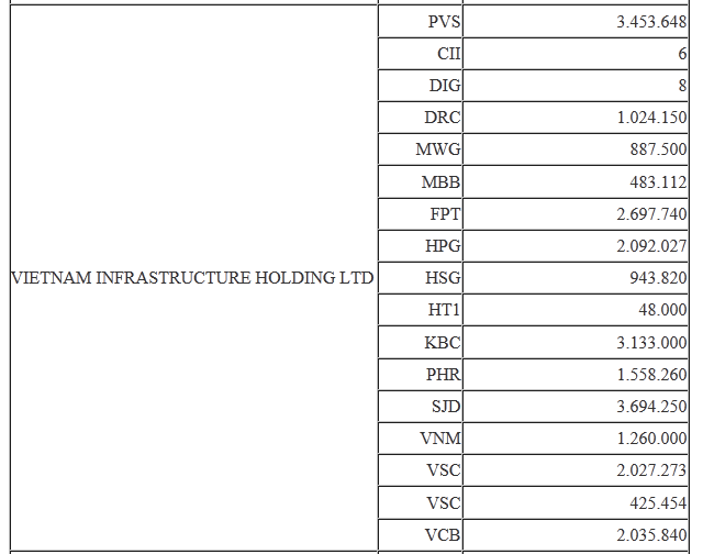 Danh mục cổ phiếu Vietnam Infrastruscture Investment Ltd đã chuyển nhượng