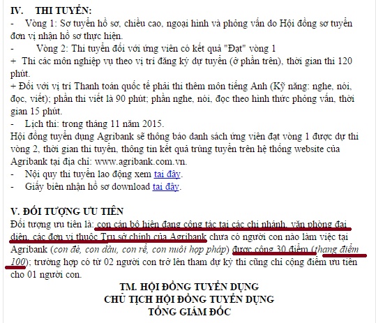 'Thông báo tuyển dụng của Agribank nêu rõ nếu là con của cán bộ thì sẽ được cộng điểm'