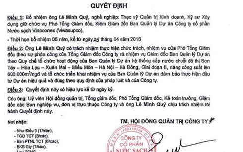  Quyết định bổ nhiệm Phó tổng giám đốc kiêm Giám đốc Ban quản lý dự án đối với ông Lê Minh Quý. 