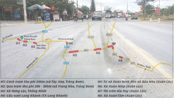 Những khu vực bị hư hỏng rải đều trên quốc lộ 1 đoạn qua Đồng Nai - Nguồn & ảnh: Sơn Định - Đồ họa: Như Khanh