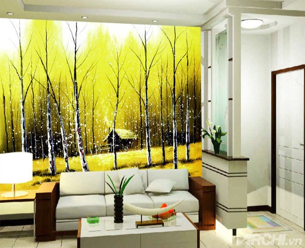 Hay bạn cũng có thể dùng giấy dán tường cho bức tường phòng khách nhà mình thêm bừng sáng.