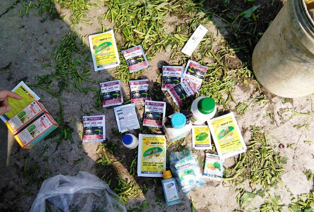 
Vỏ nhiều loại thuốc bảo vệ thực vật vương vãi khắp nơi tại ruộng rau của 2 vợ chồng bị bắt quả tang dùng nhớt thải. Ảnh: N.T.
