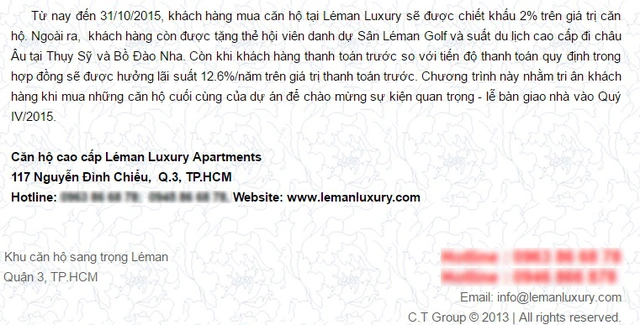 
Trên website chính thức của dự án Léman Luxury Apartments (http://www.lemanluxury.com) cam kết thời gian bàn giao quý 4/2015
