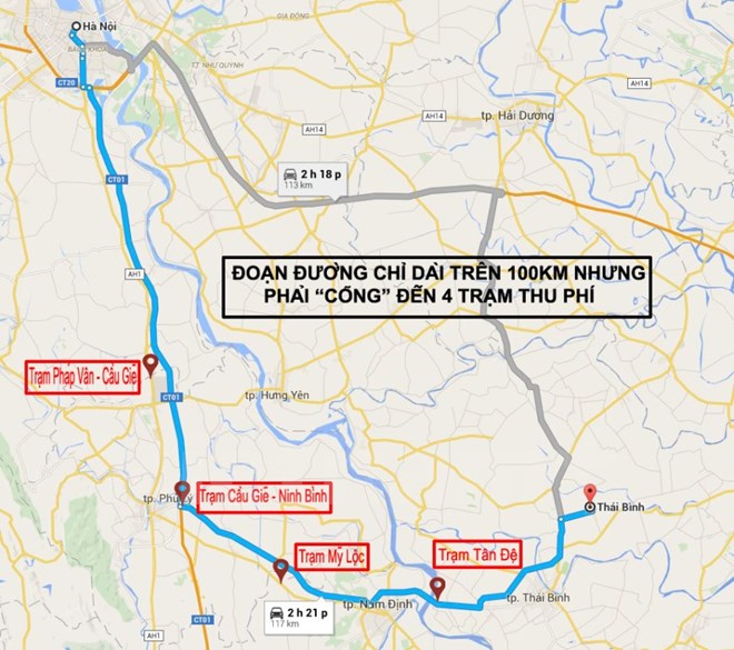 Tuyến đường Hà Nội-Thái Bình chỉ gần 150km nhưng có tới 4 trạm phí mọc lên. (Ảnh: Doãn Đức/Vietnam+)