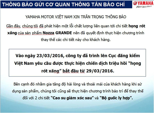 Hãng Yamaha Việt Nam bất ngờ triệu hồi xe Grande 3 Hãng Yamaha Việt Nam bất ngờ triệu hồi xe Grande3