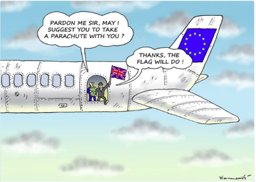 Một bức biếm hoạ thể hiện khát khao muốn đượt thoát khỏi chiếc máy bay của EU đến nỗi từ chối lời mời đeo dù. Ông nói: Xin cảm ơn nhưng lá cờ sẽ giúp tôi. Ảnh: Twitter NV